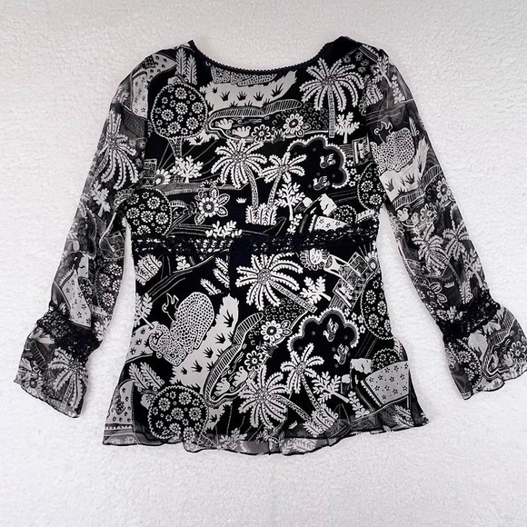 Y2K Silk Sheer Blouse Black White Graphic Boho Fairycore Top XL Flowy - Picture 7 of 8